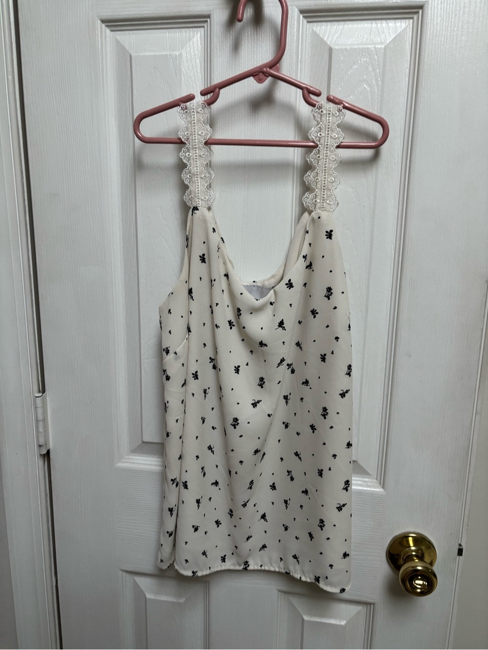 Nordstrom Cream Cowl Neck Tank with Black Floral Print & Lace Straps